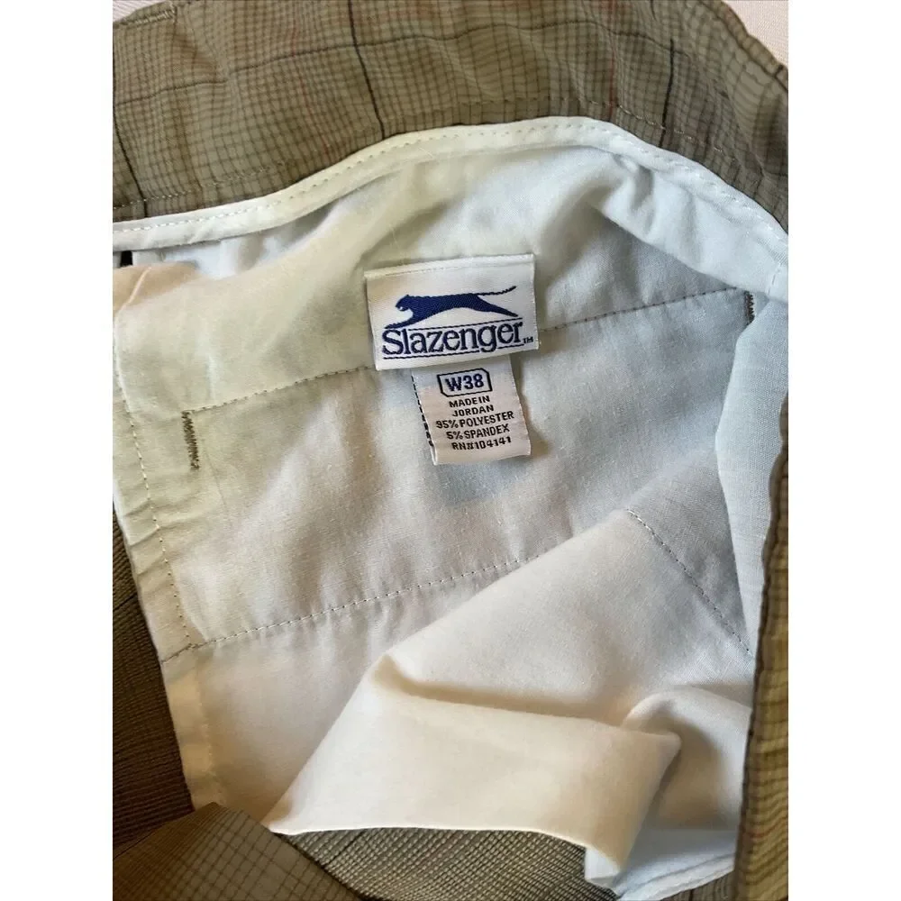 Slazenger Golf Shorts men’s size 38‎ Plaid Tan Athletic Poly Spandex Flat Front
